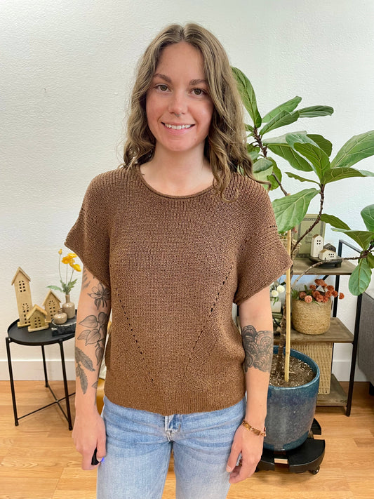 Brown V Stitch Short Sleeve Sweater