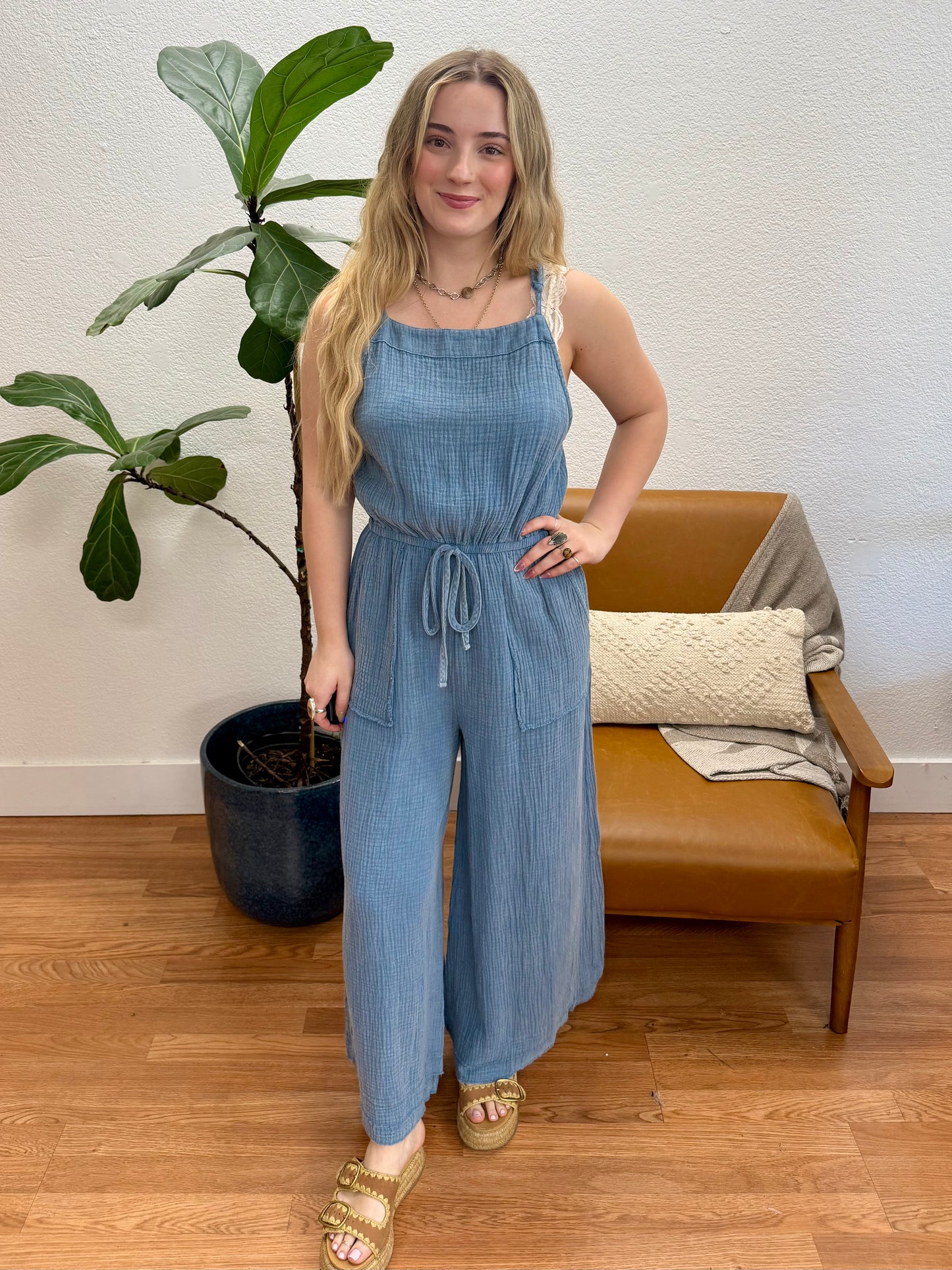 Washed Blue Gauze Jumpsuit