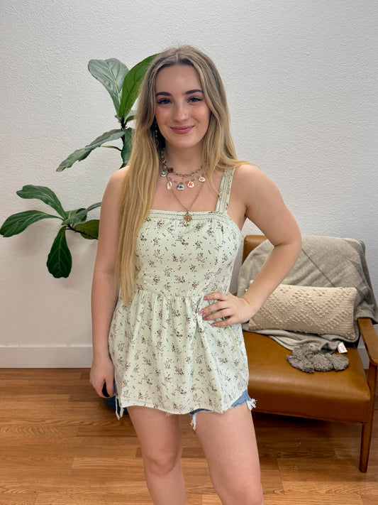 Mint Textured Floral Peplum Tank