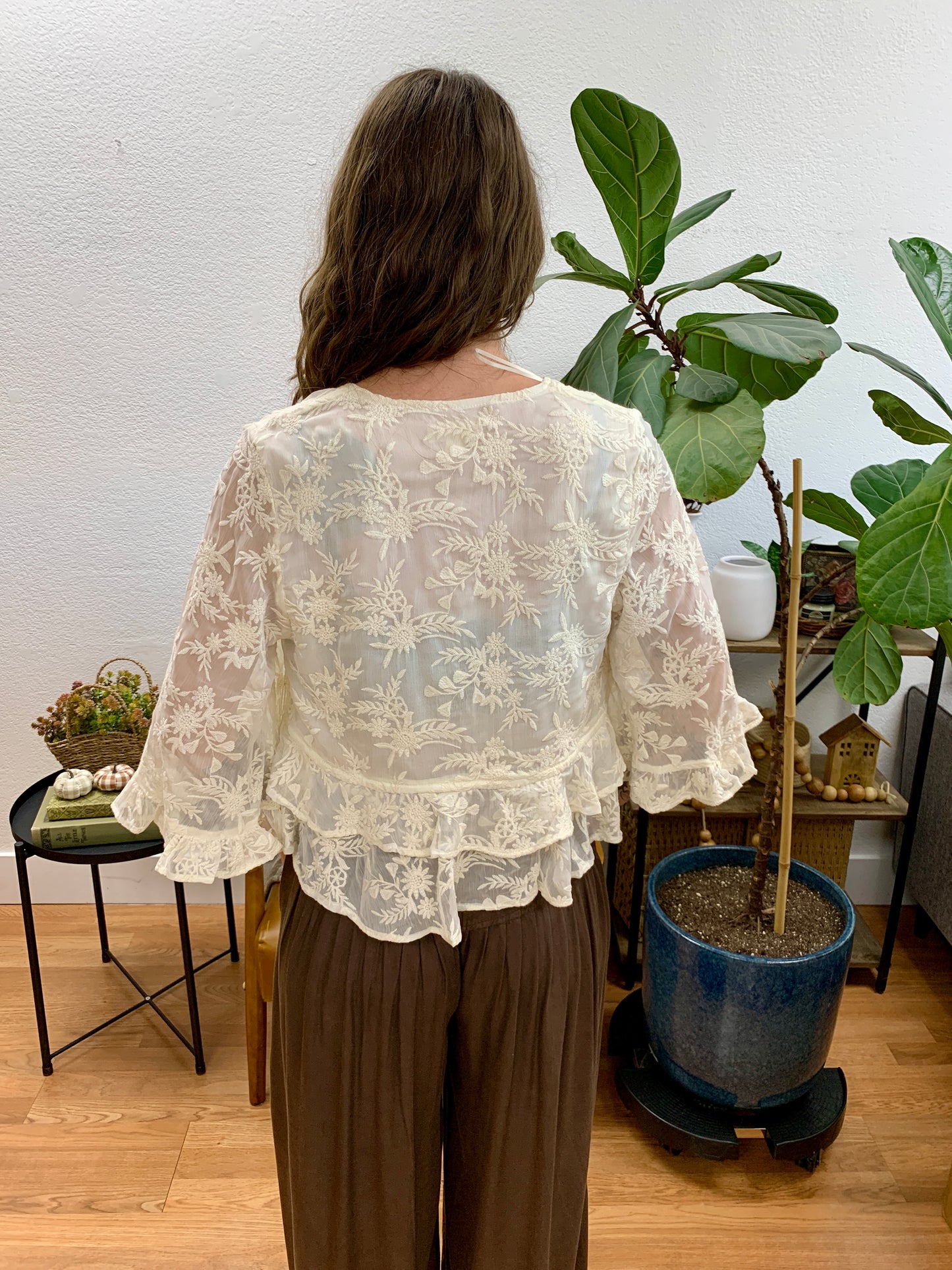 Cream Sheer Bell Sleeve Blouse
