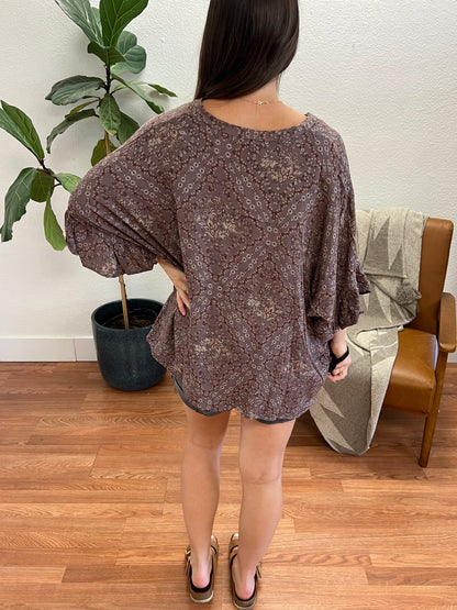 Warm Grey Ethnic Print Oversized Blouse