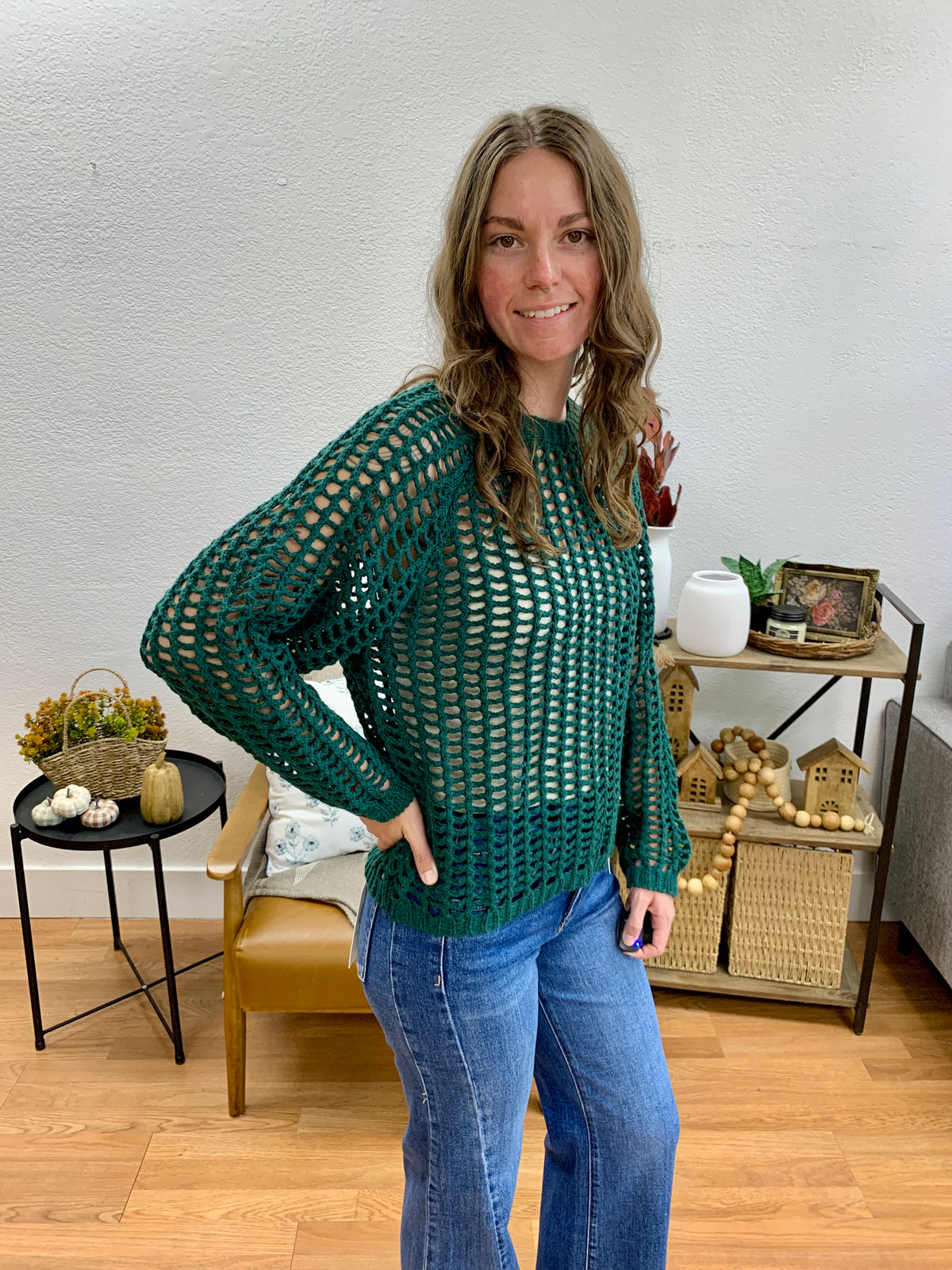 Hunter Green Crochet Pullover