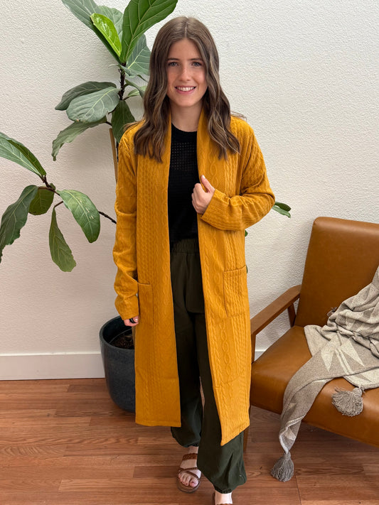 Mustard Braided Long Pocket Cardigan