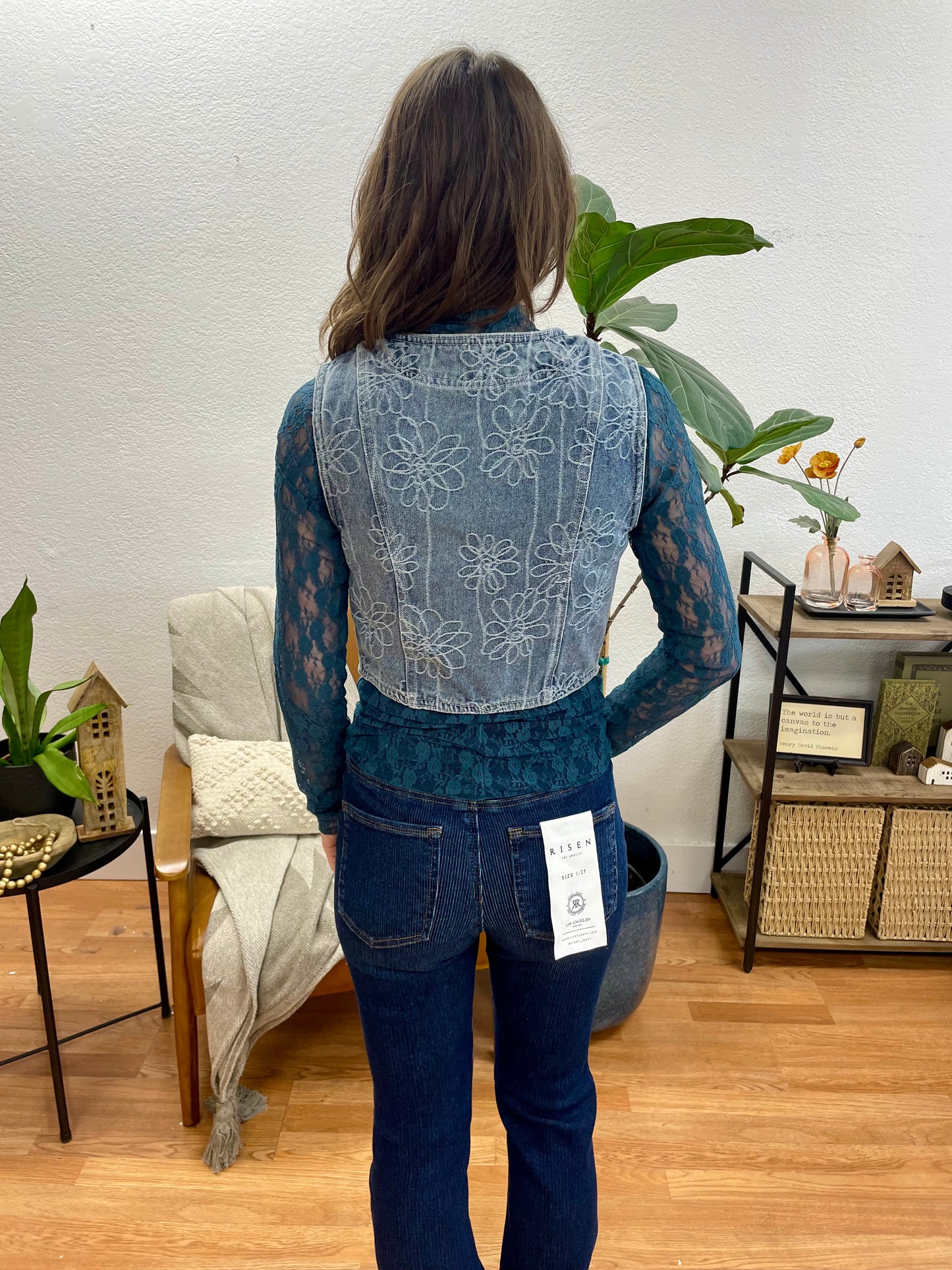 Floral Washed Denim Vest