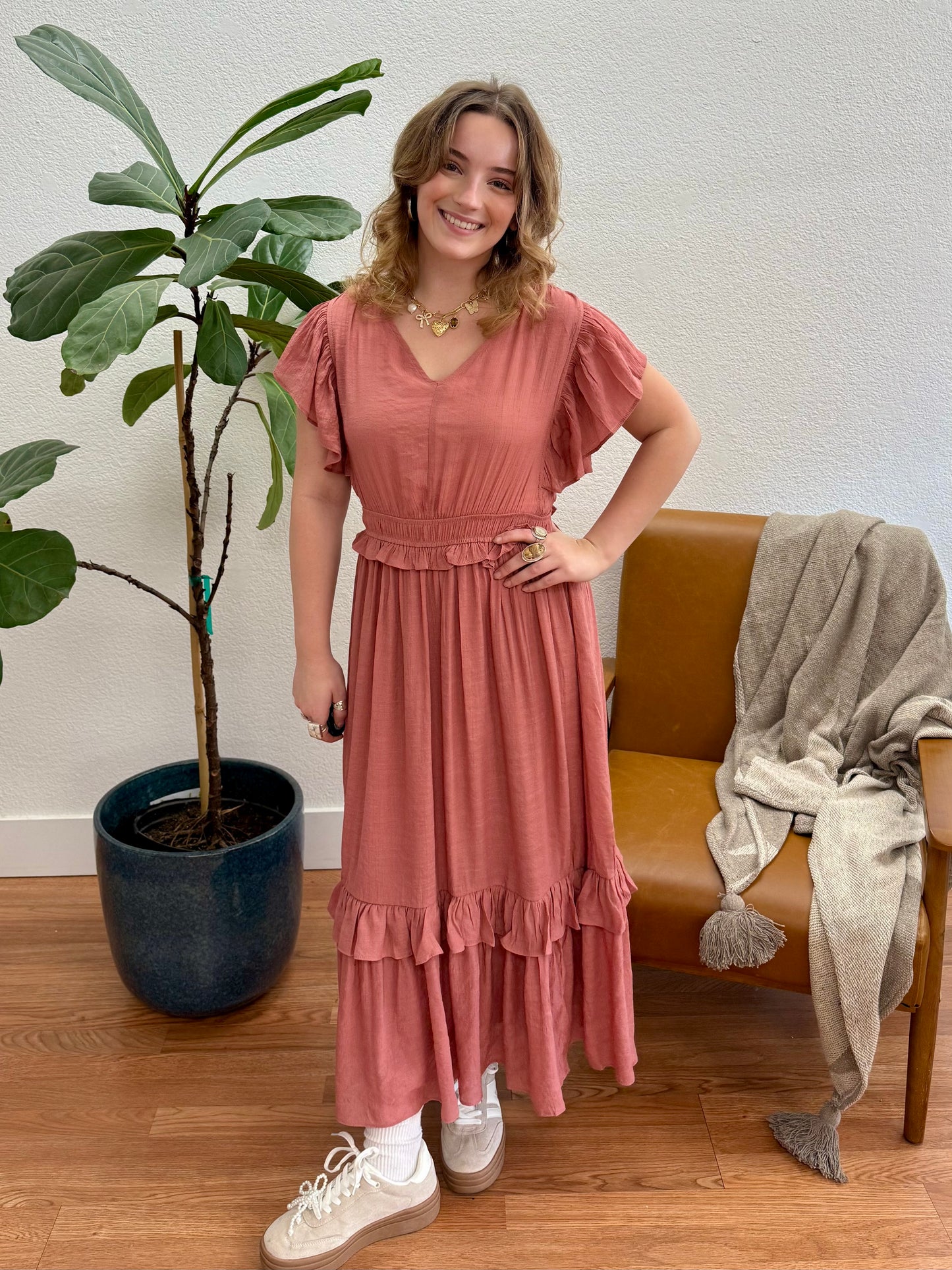 Rose Ruffle Midi Dress