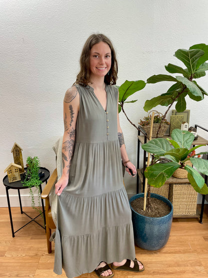 Olive Button Front Tiered Maxi Dress