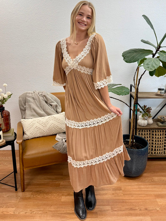 Hazelnut Lace Trim Midi Dress