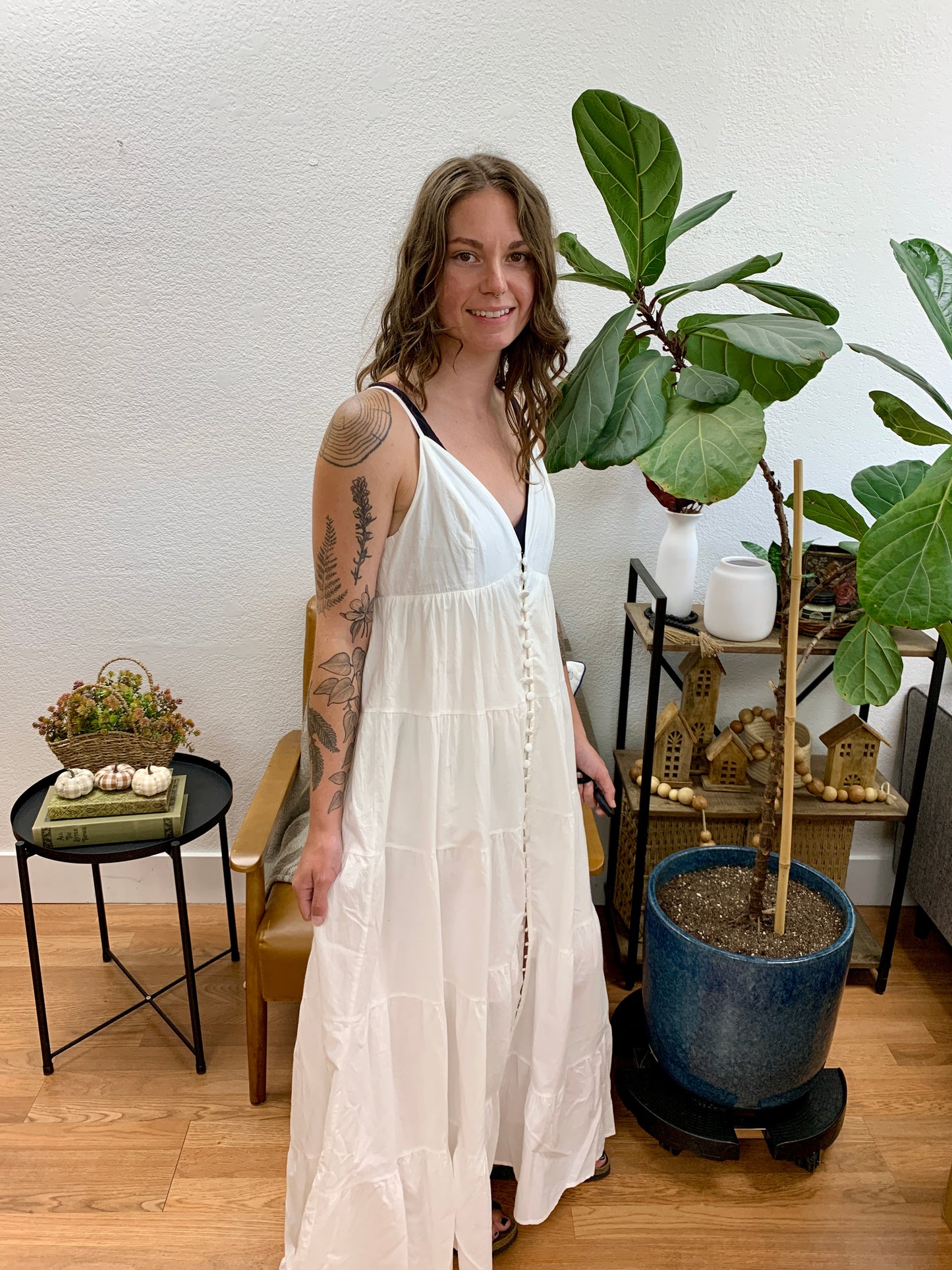 White V Neck Button Front Tiered Maxi Dress
