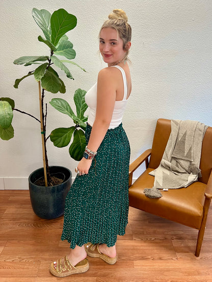 Green Polka Dot Pleated Midi Skirt