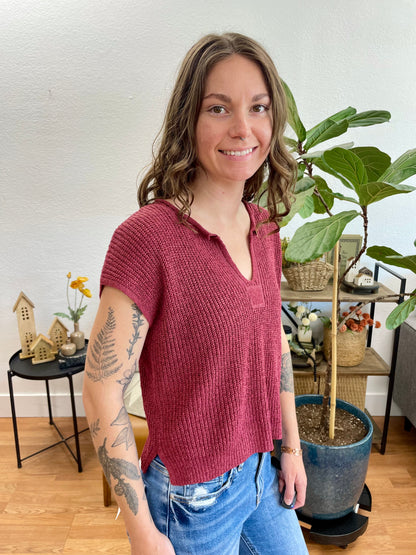 Maroon Split Neck Knit Top