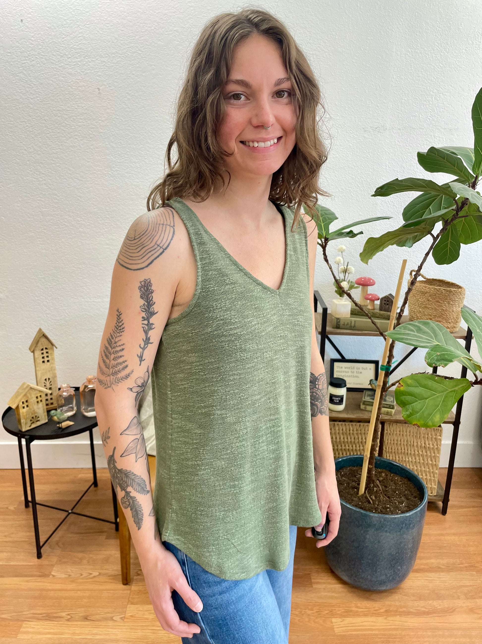 Olive V-Neck Hacci Tank - Terra Cottage