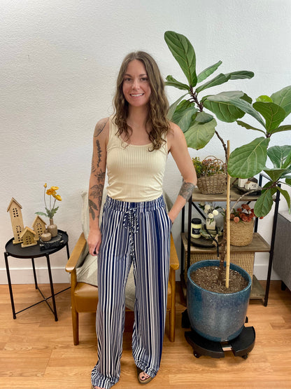 Navy Striped Drawstring Pants
