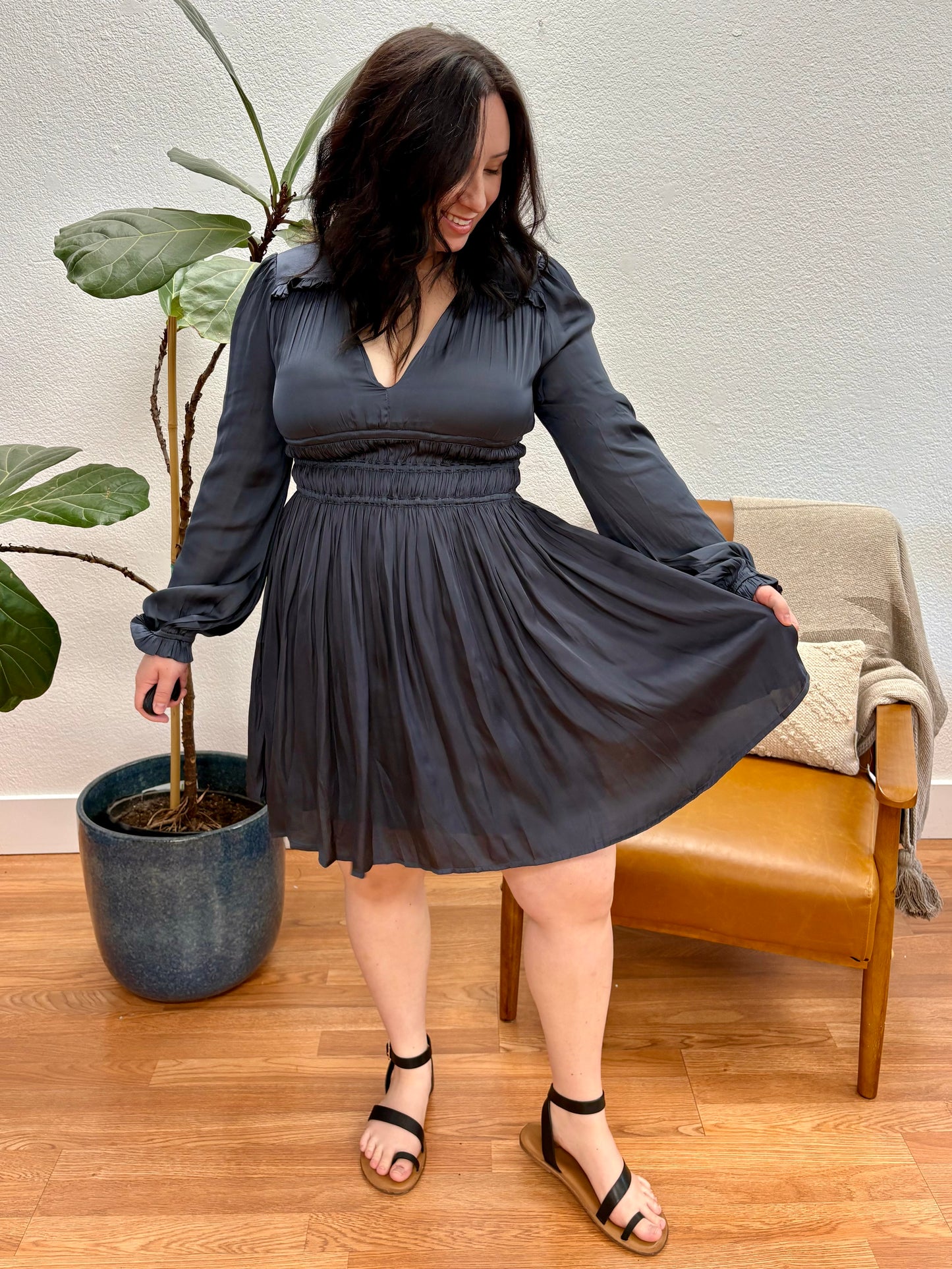 Navy Balloon Sleeve Mini Dress