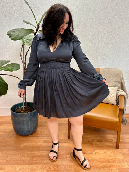 Navy Balloon Sleeve Mini Dress