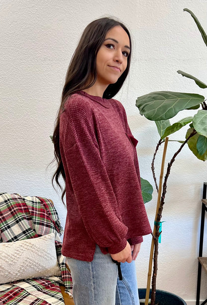 Burgundy Ribbed Pocket Pullover