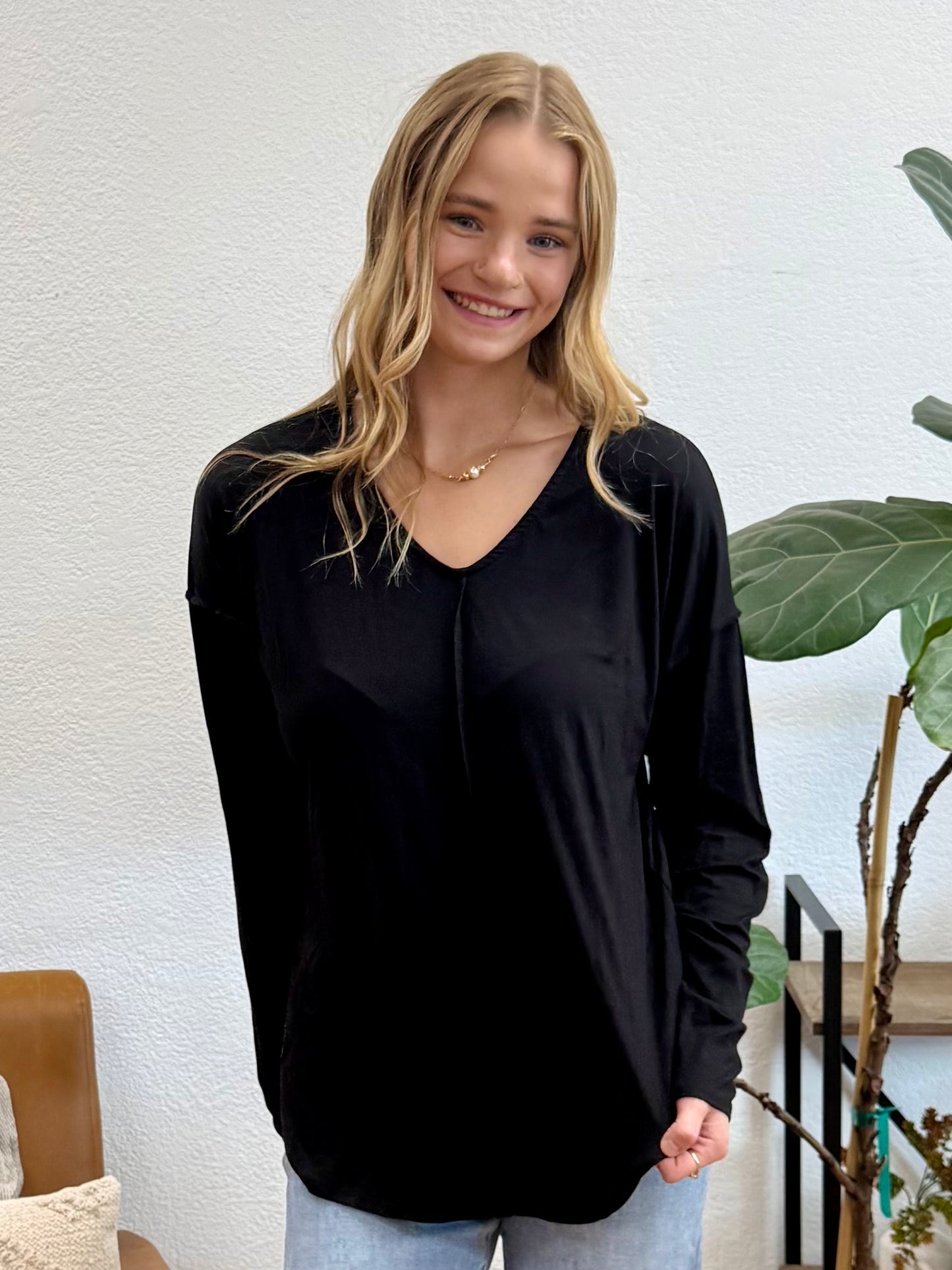 Black Front Seam Cozy V Neck Tee