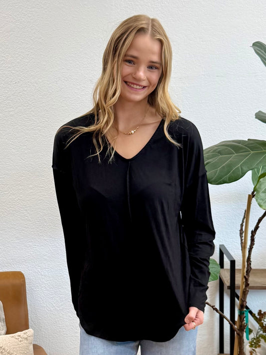 Black Front Seam Cozy V Neck Tee