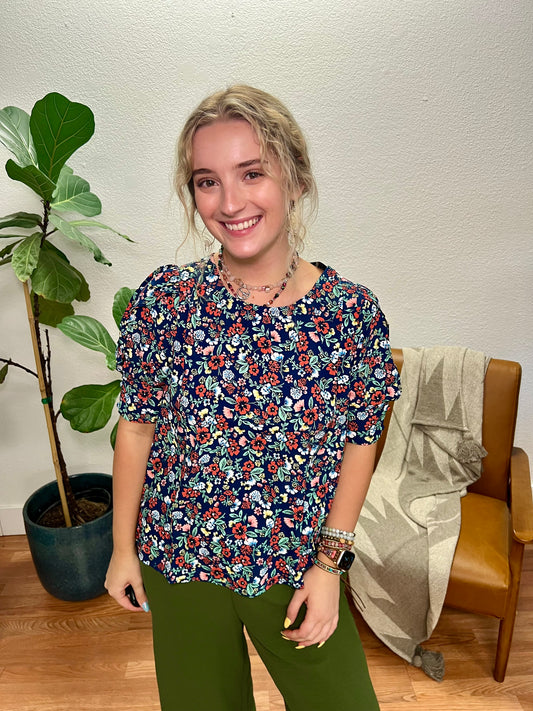 Navy Floral Puff Sleeve Top