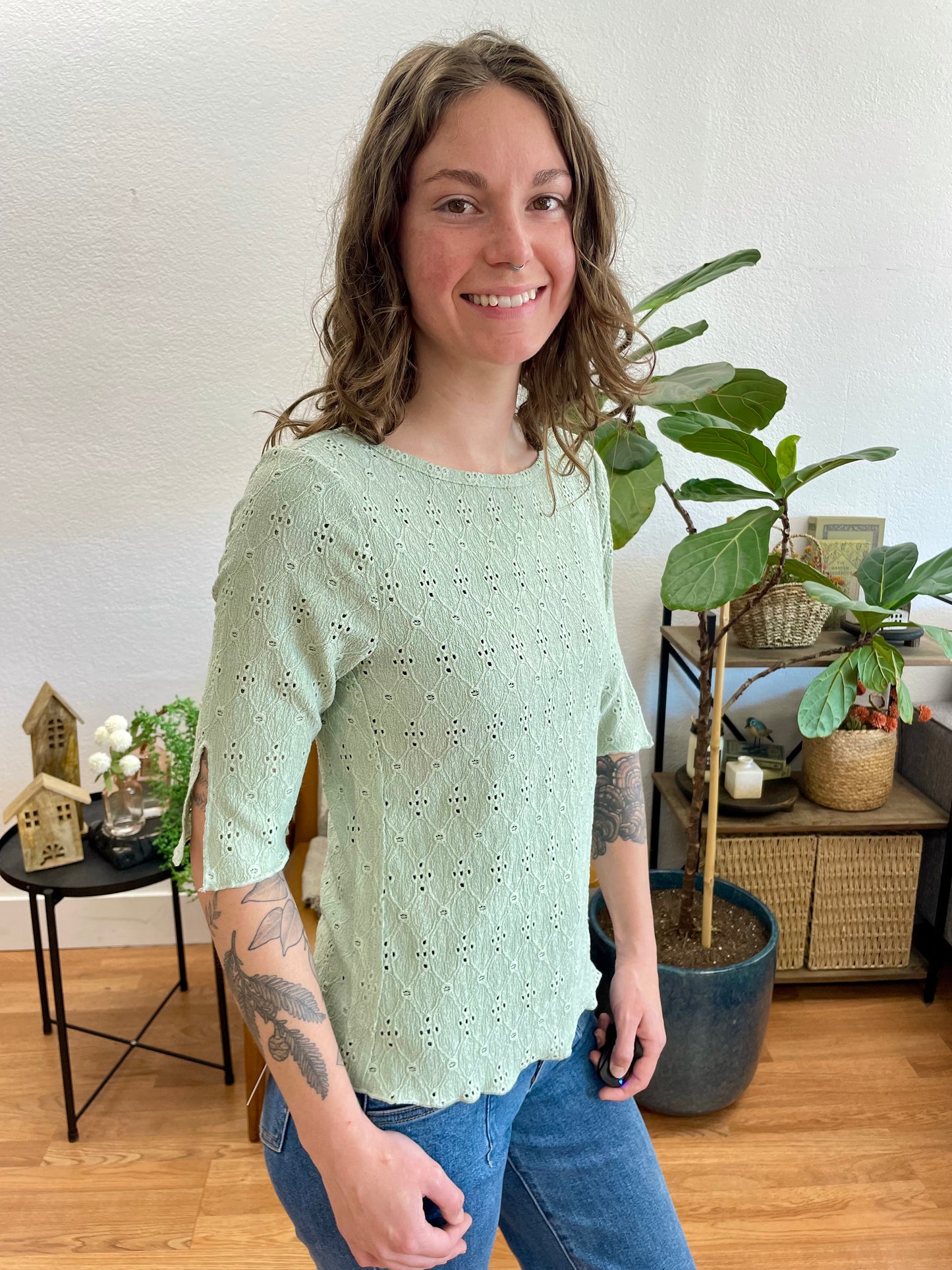 Sage Boat Neck Lettuce Hem Top