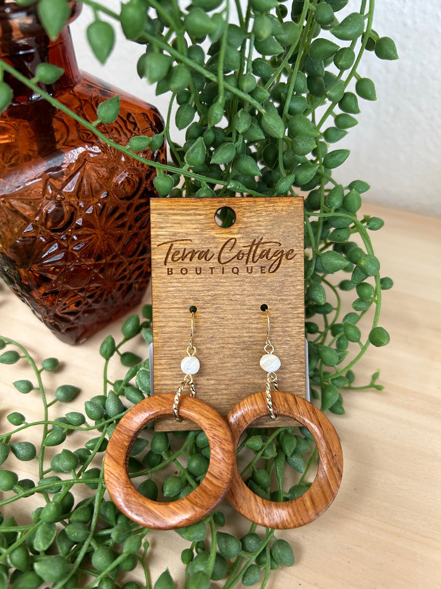 Wooden Hoop And Shell Bead Dangle Earrings