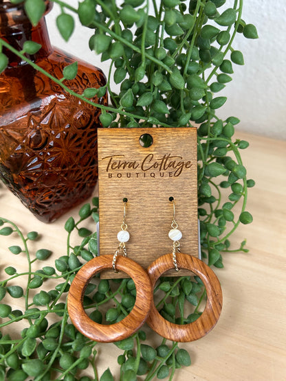 Wooden Hoop And Shell Bead Dangle Earrings