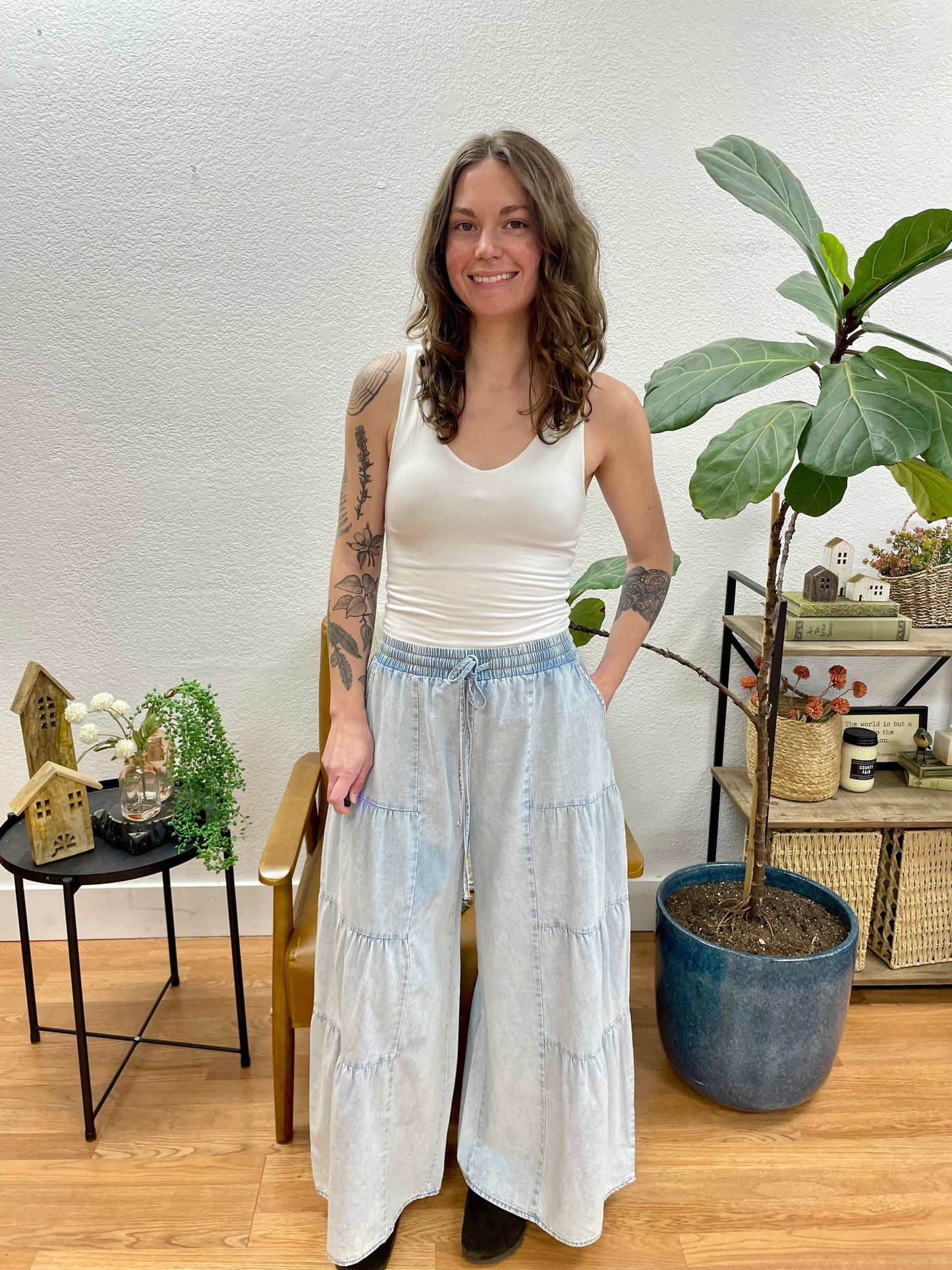 Chambray Tiered Pants - Terra Cottage