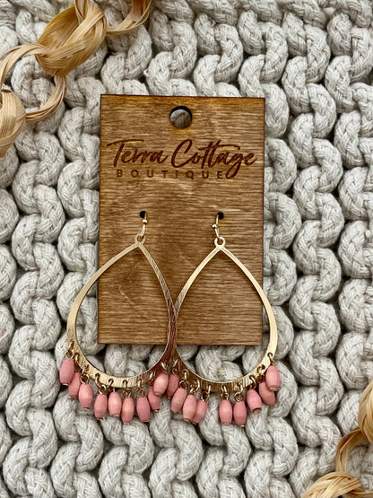 Pink Dangle Wood Bead Teardrop Earrings