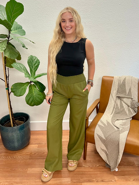 Olive Smocked Linen Pants