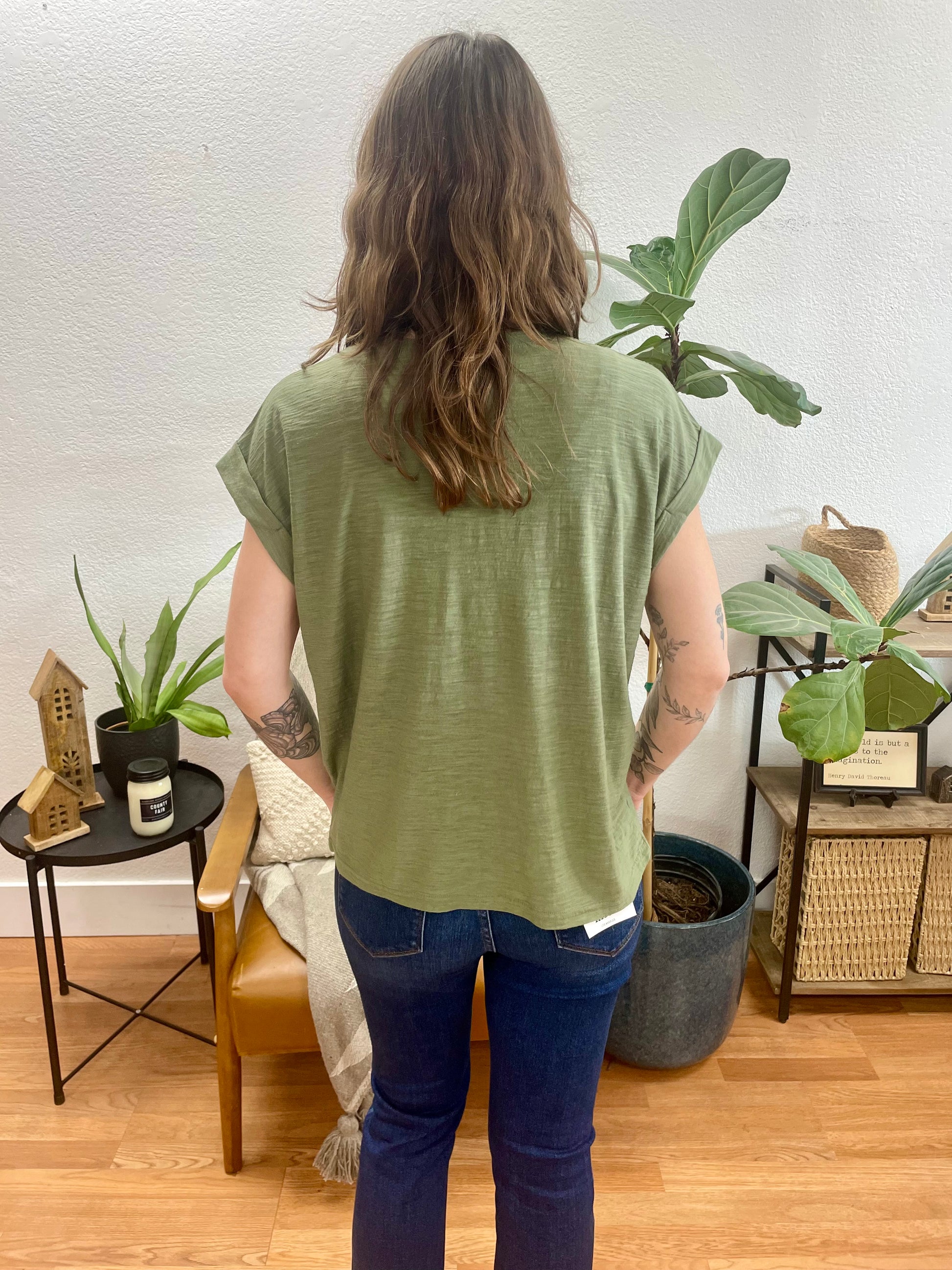 Olive Rolled Sleeve Slub Tee - Terra Cottage