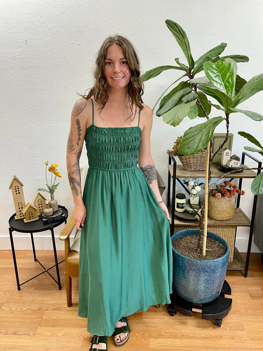 Kelly Green Shirred Midi Dress