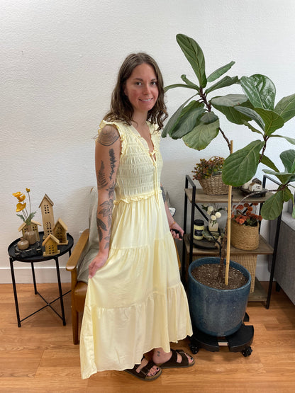 Butter Yellow Smocked Tie Front Tiered Midi Dress