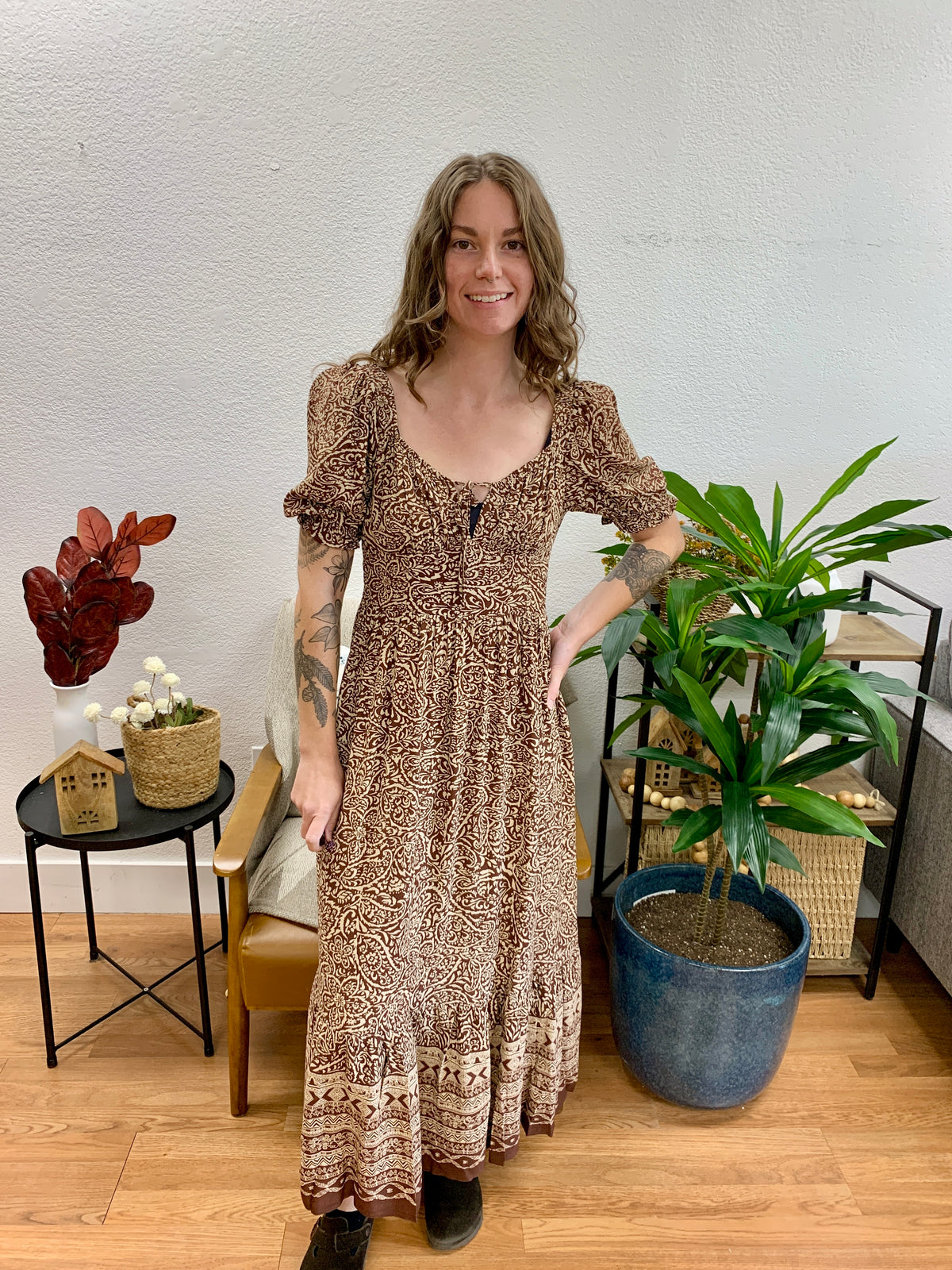 Brown Smocked Midi Dress