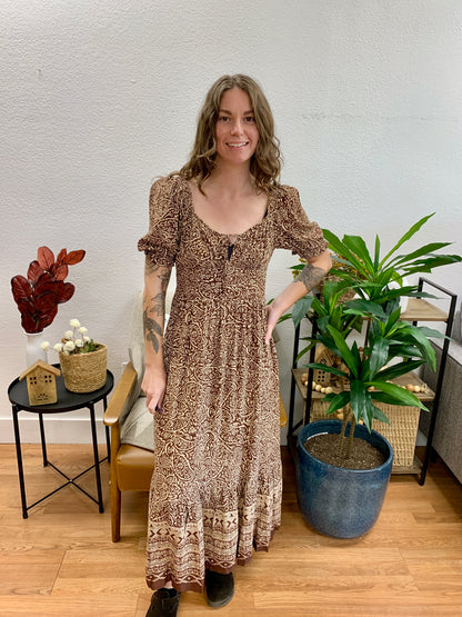 Brown Smocked Midi Dress