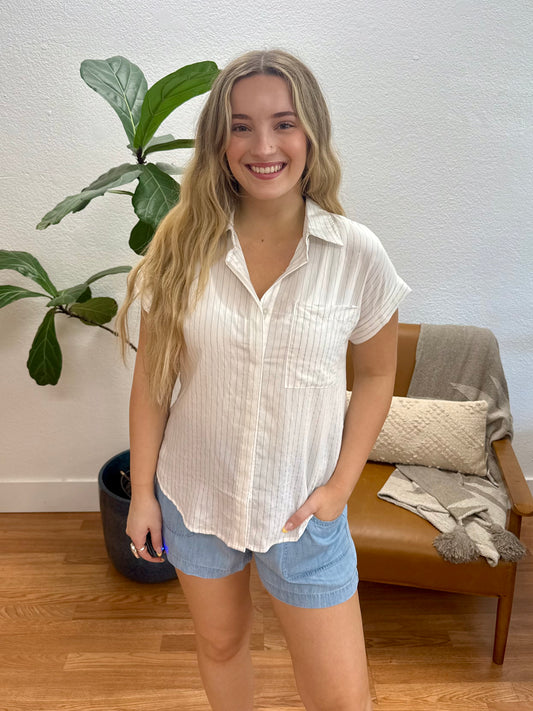 Off White Pinstripe Collared Shirt