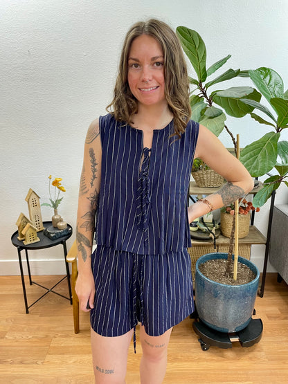 Navy Linen Striped Sleeveless Top