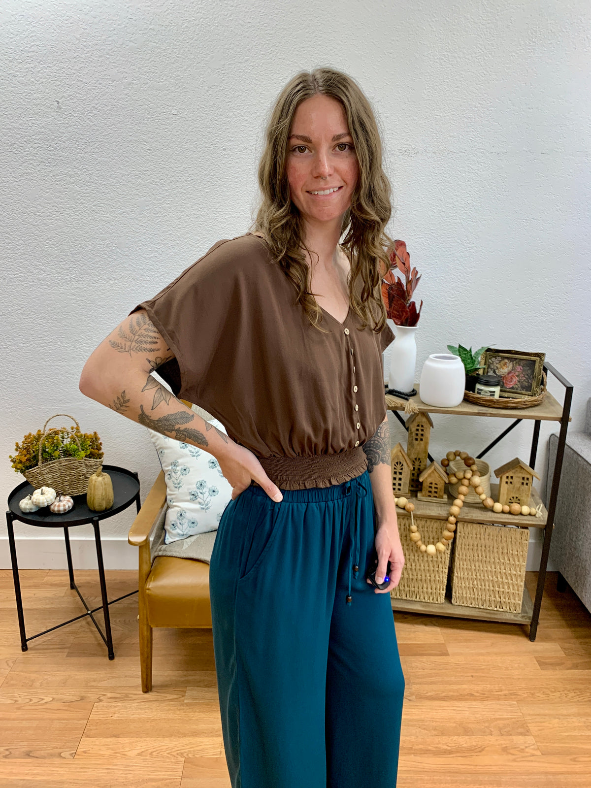 Chocolate Button Front V Neck Top