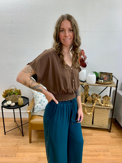 Chocolate Button Front V Neck Top