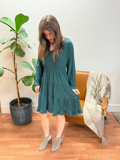 Hunter Green Tiered Balloon Sleeve Dress