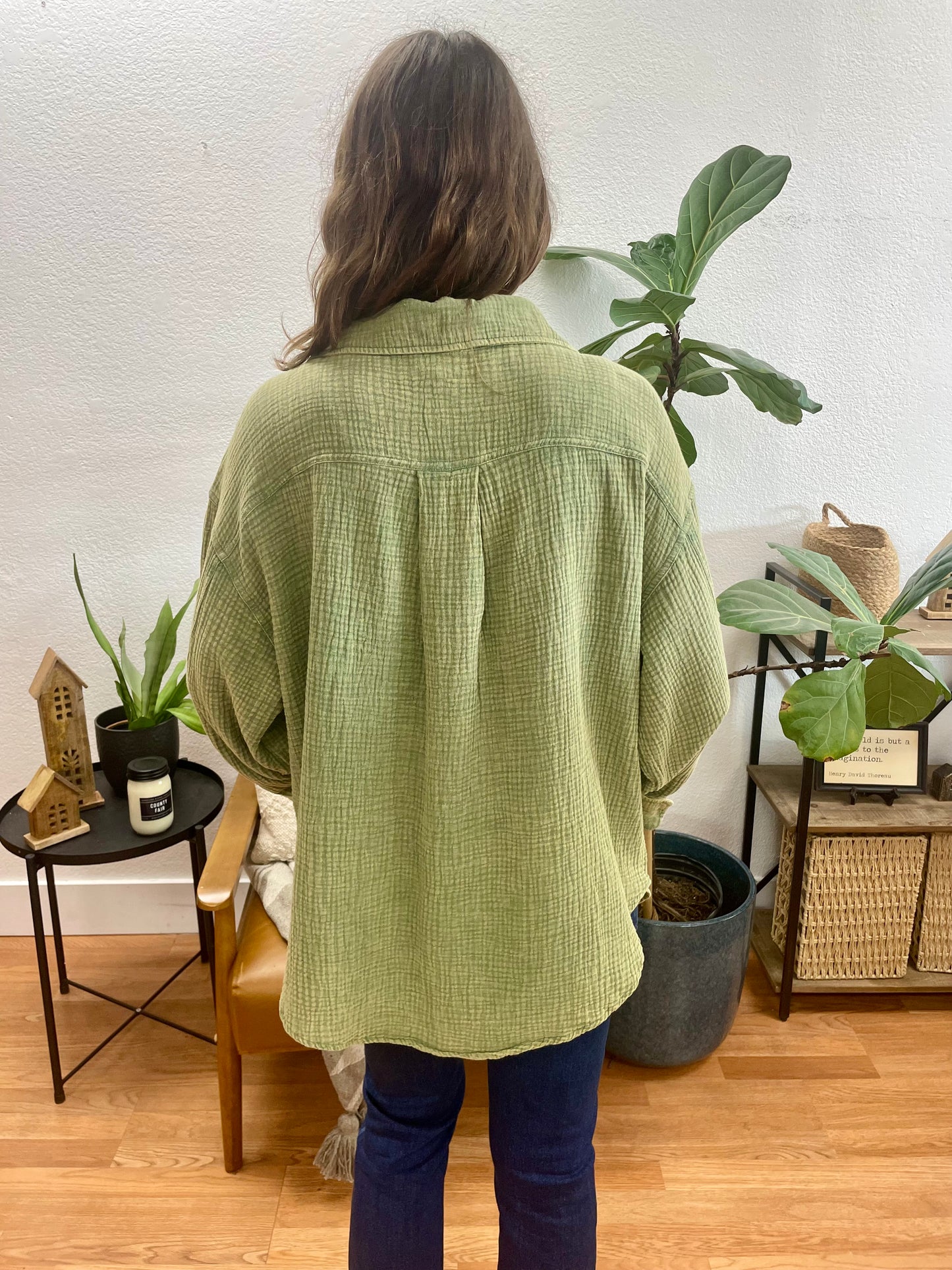 Olive Washed Button Up Oversized Shirt - Terra Cottage