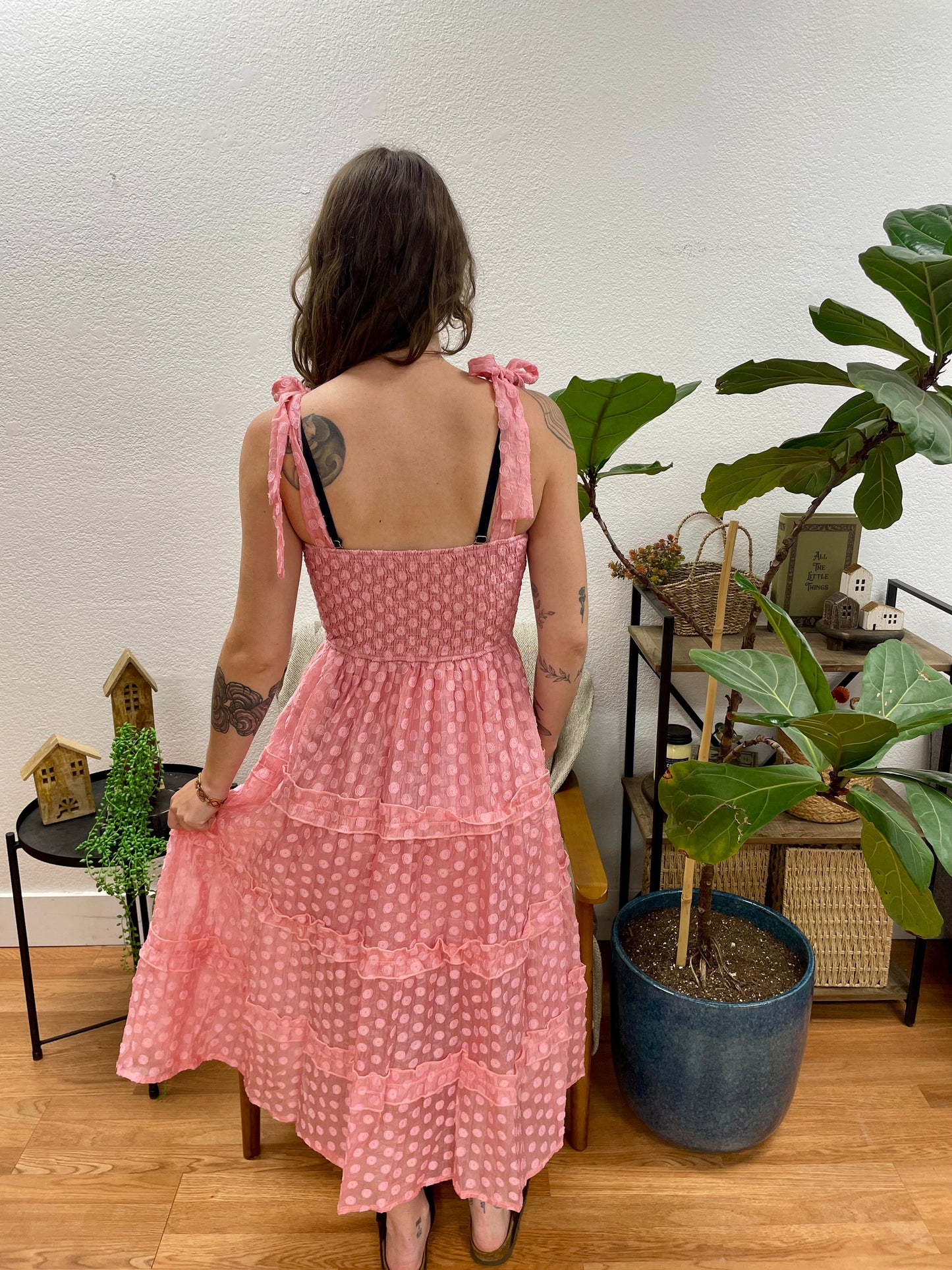 Pink Square Neck Ruffle Tiered Midi Dress