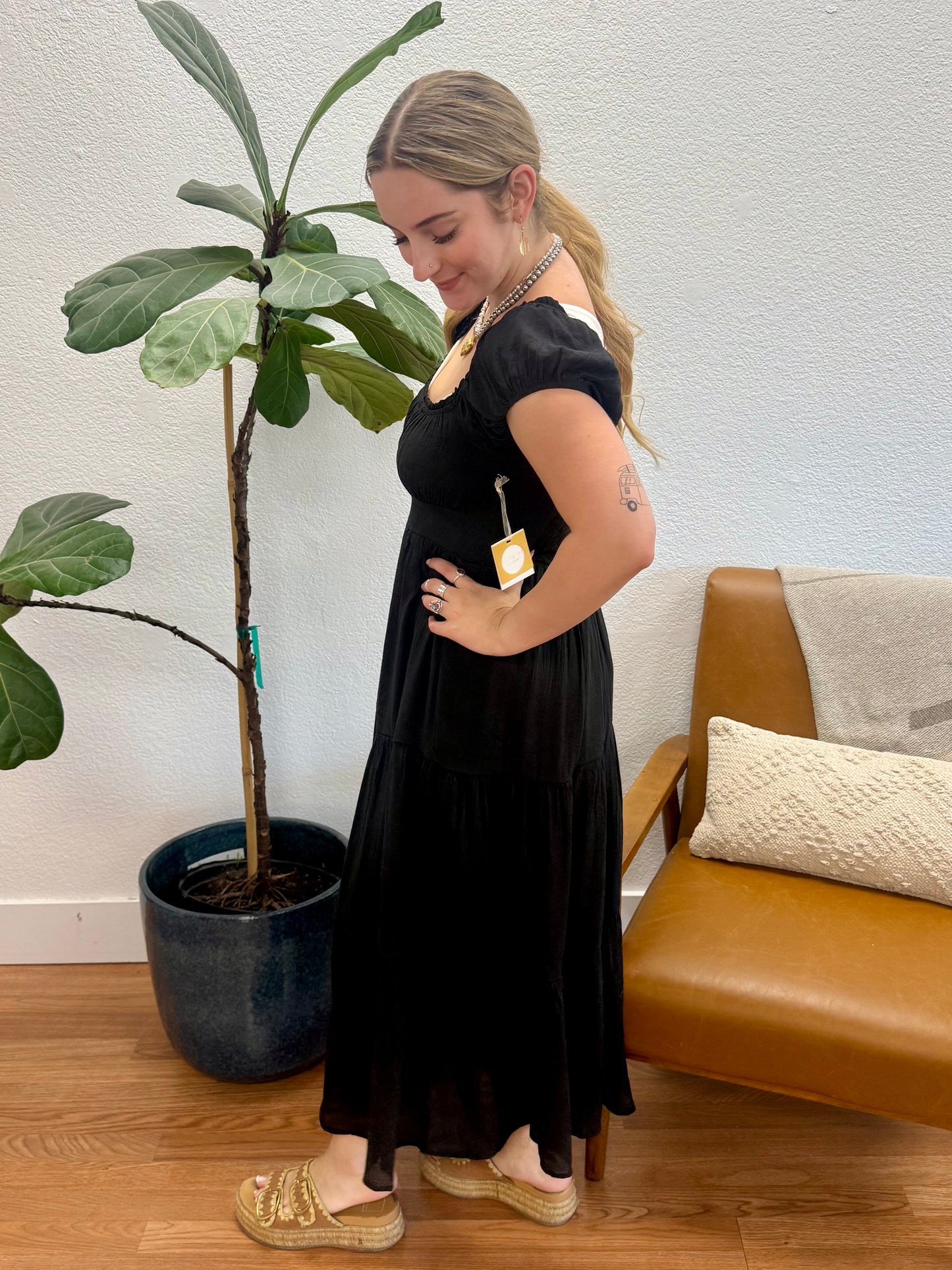 Black Tiered Puff Sleeve Dress