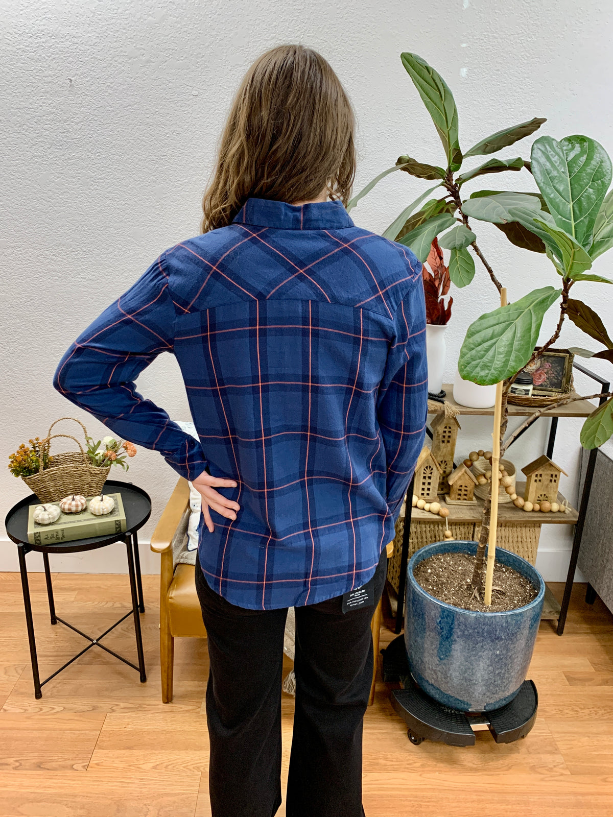Navy Plaid Rolled Sleeve Shirt
