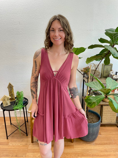 Wine V Neck Full Dress