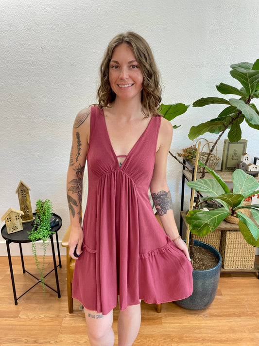 Wine V Neck Full Dress
