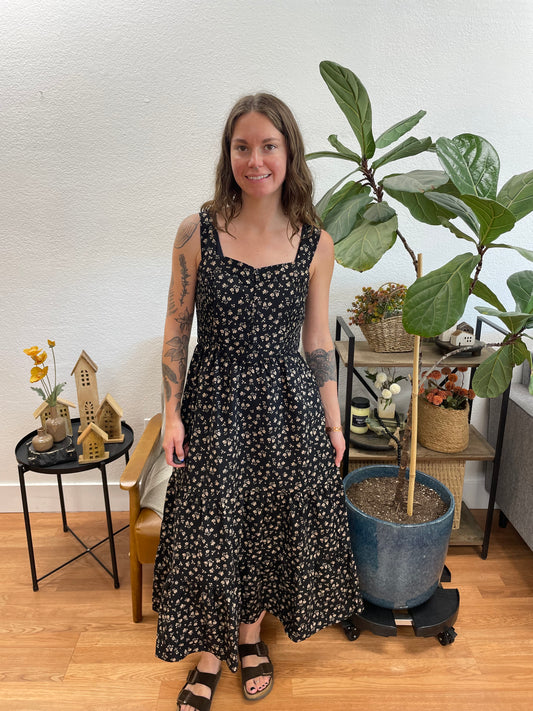 Black Tiered Smock Floral Maxi Dress