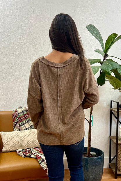 Mocha V Neck Drop Shoulder Top