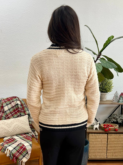 Ivory/ Black Contrast Trim Classic Cardigan