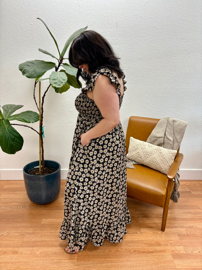 Black/Taupe Floral Smocking Midi Dress