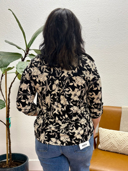 Black Floral Roll Sleeve Knit Top