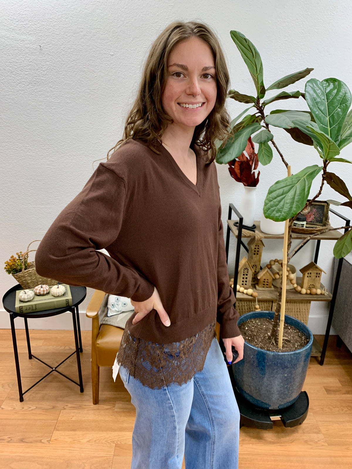 Chocolate Lace Hem Sweater